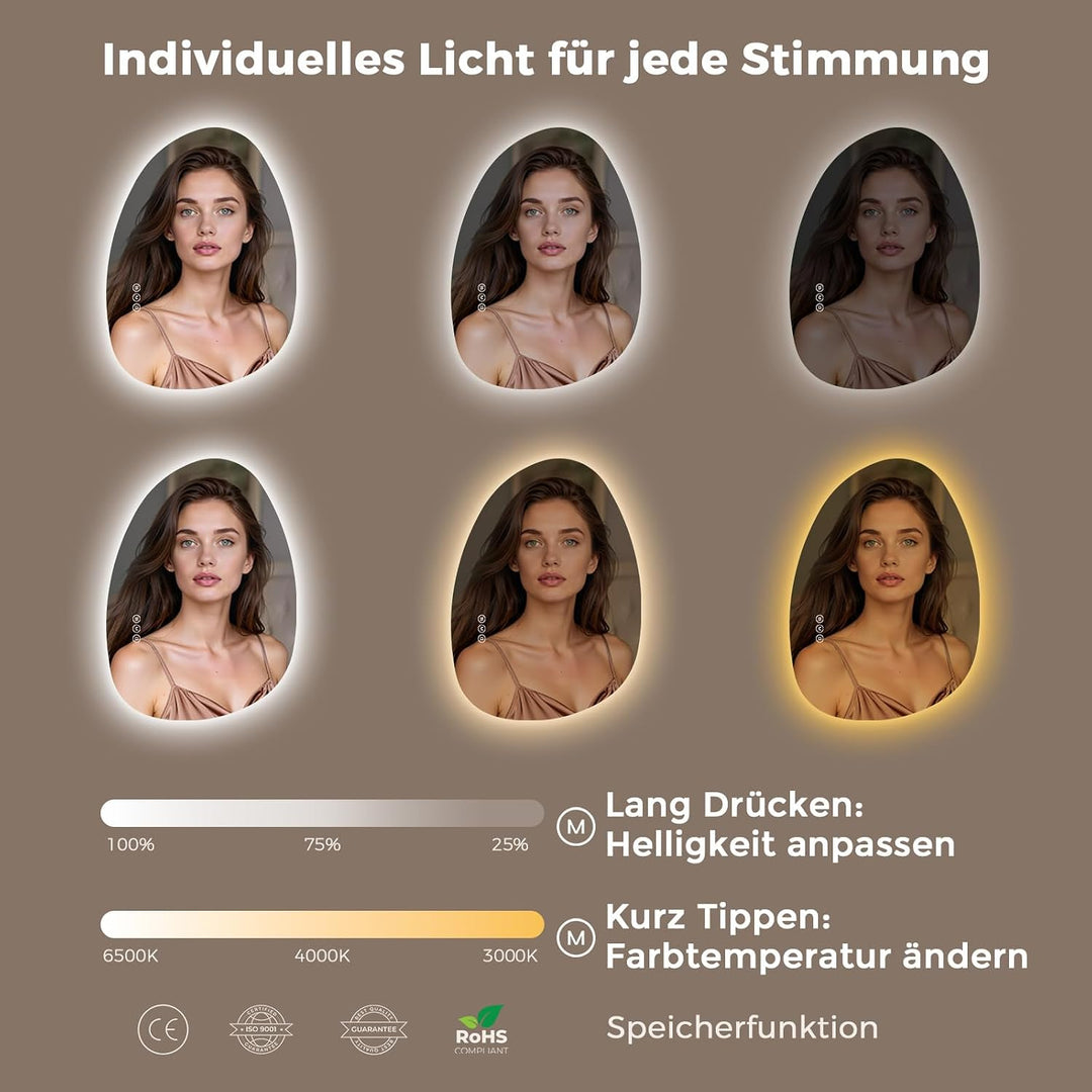 S'AFIELINA Spiegel mit Beleuchtung Asymmetrischer LED Badspiegel 85 × 50 × 2,5 cm (H × B × T) mit To