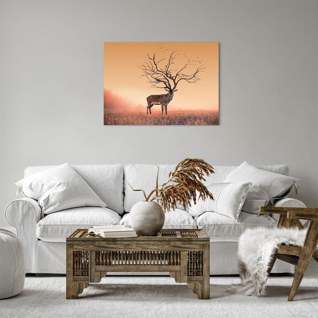 ARTTOR Bilder auf Leinwand Hirsch Baum Nebel Wald Leinwandbild 70x50cm Wandbilder Dekoration Wohnzim