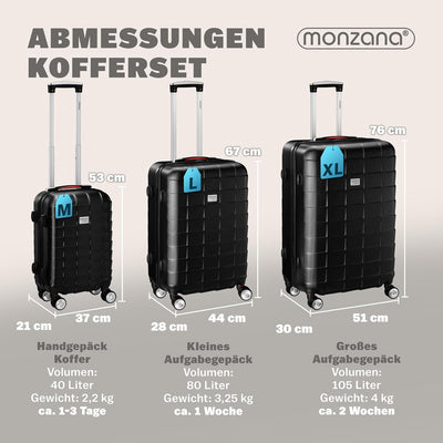 Monzana Exopack 3er Set Koffer | Schwarz M, L, XL | TSA Schloss, Gel-Griff | Reisekoffer Rollkoffer