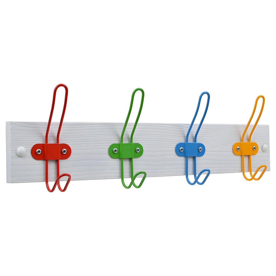 Kleiderhaken 2er Set - Mattweiss - 4 Metallhaken - 43,5x7,5 cm - Kinderzimmer Garderobe mit Farbigen