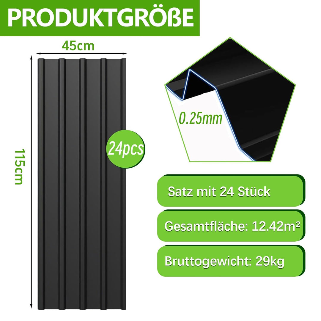 Profilblech Trapezblech 24er Set, 115×45 cm (12,42 m²), Wetterfest Rostresistent Verzinkte Wellblech