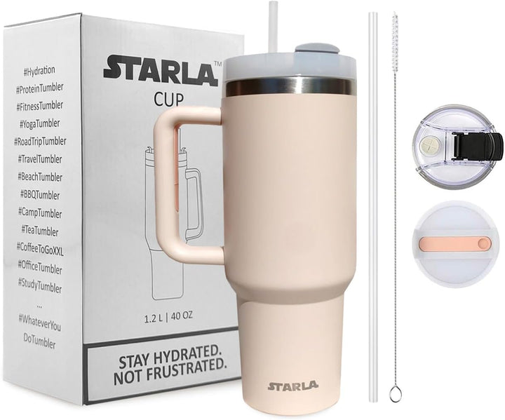 STARLA Thermobecher mit Strohhalm und Henkel 1,2l gross, 2 Deckel, auslaufsicher, Edelstahl Isolierb