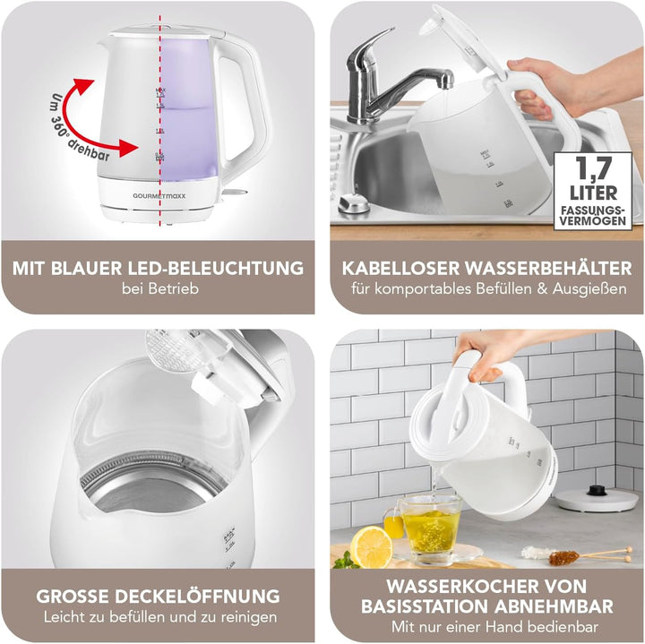 GOURMETmaxx Glas Wasserkocher | 1,7 Liter Fassungsvolumen Füllmengen-Anzeige für genaues Abmessen &amp;