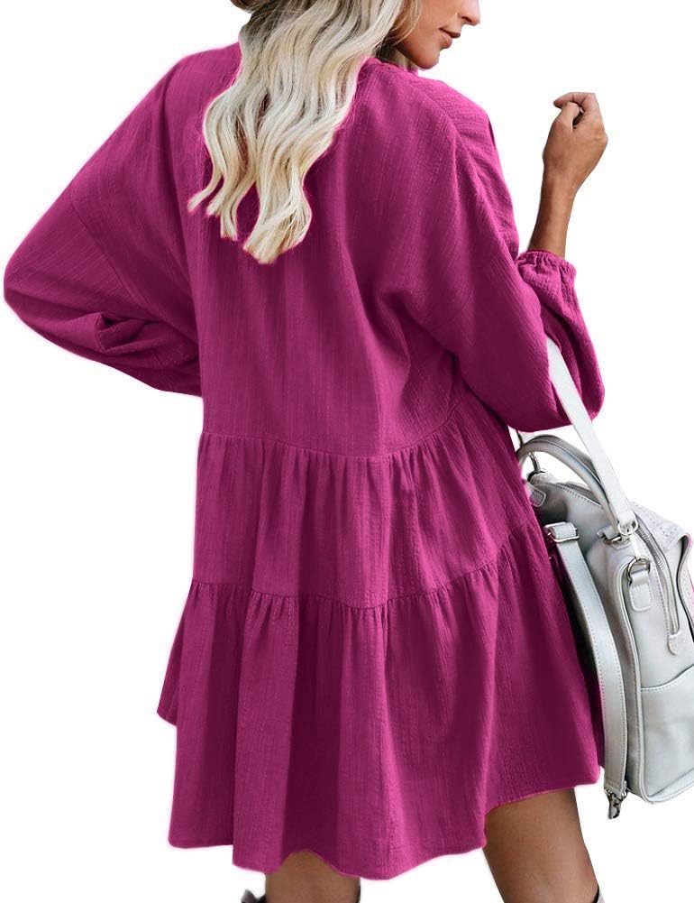 FANCYINN Damen Cute Shift Kleid mit Taschen Glockenärmel Rüschen Saum V Ausschnitt Lose Swing Tunika