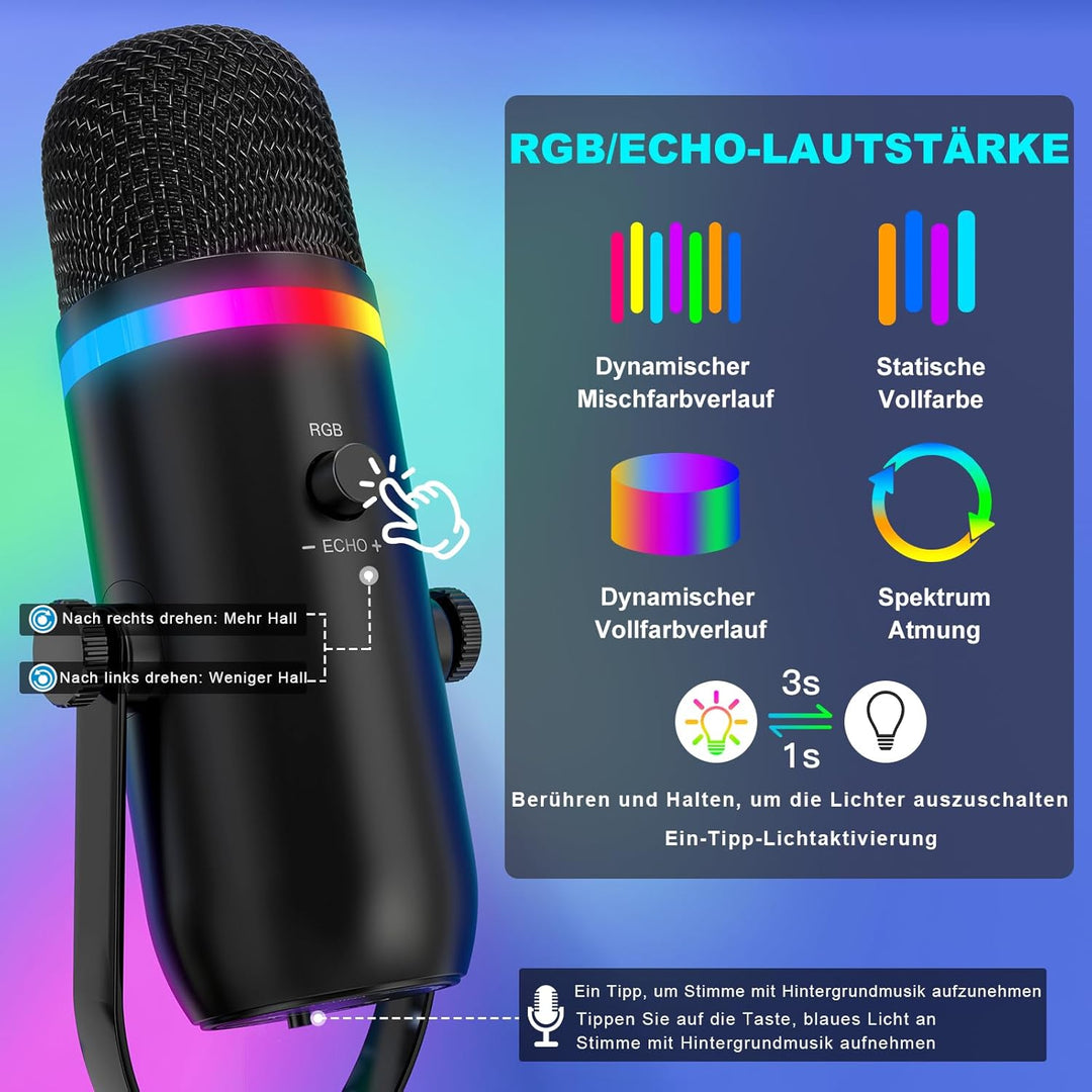 zealsound Podcast Mikrofon mit Arm -RGB Rauschunterdrückung Gaming Kondensatormikrofon für PC & Hand