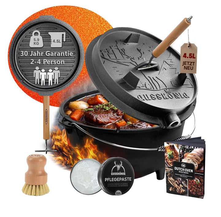 GUSSKÖNIG Dutch Oven Set - Eingebrannter Dutch Oven 4,5 Liter - Feuertopf Gusseisen mit Füssen - Sch