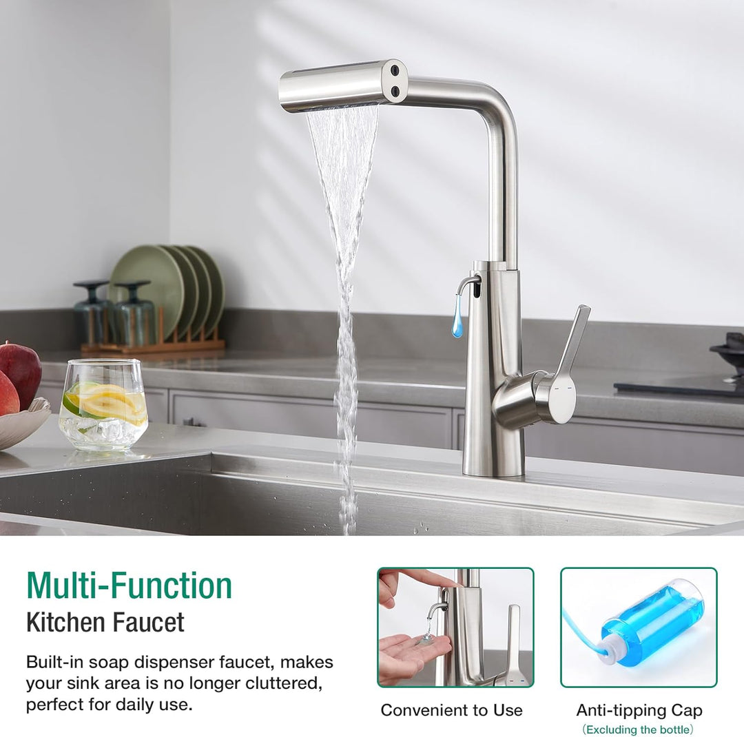 CREA Wasserfall Wasserhahn Küche Ausziehbar,Mischbatterie Edelstahl Küche mit Seifenspender,360° Dre