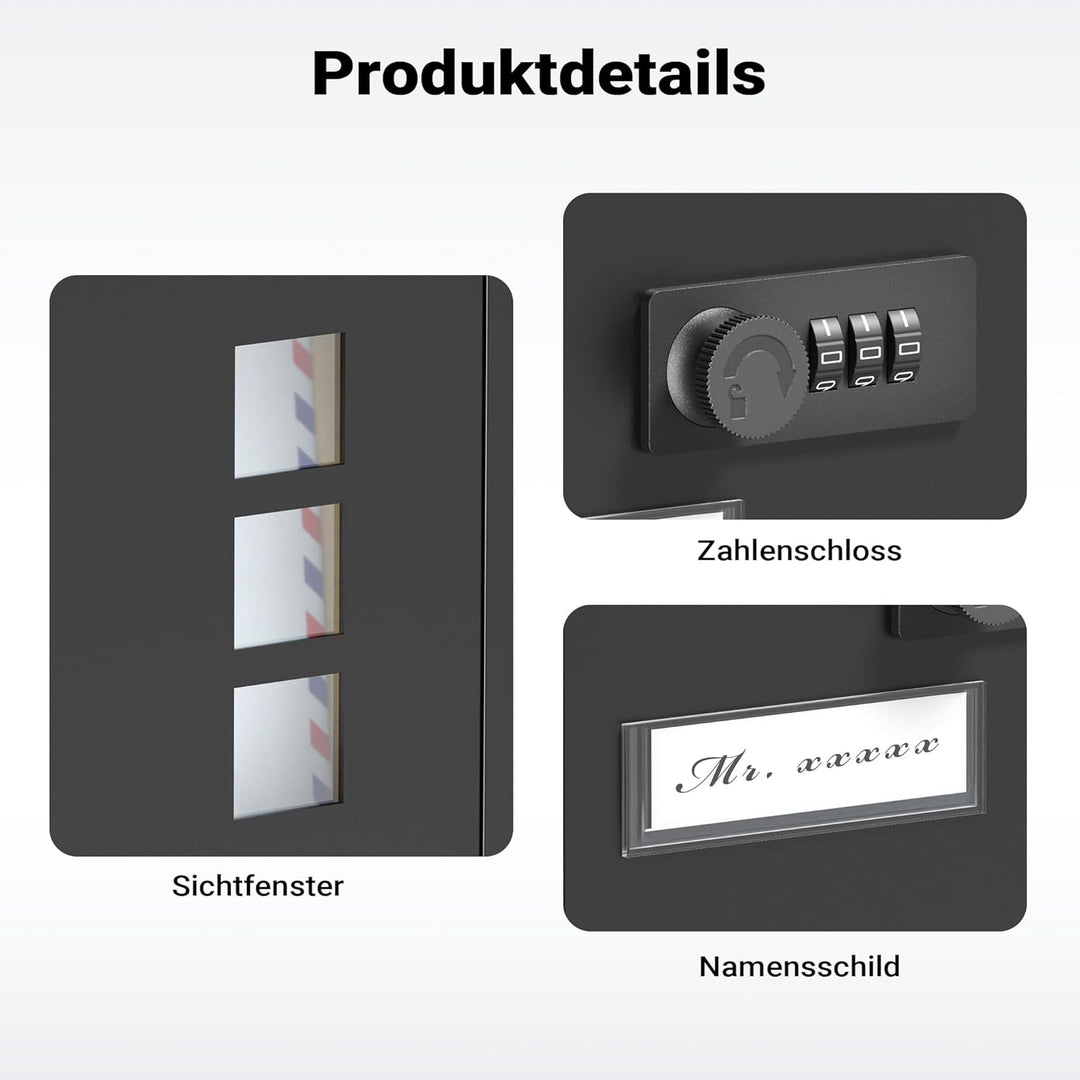 Wiltec Briefkasten schwarz 215x320x90mm Briefkasten mit Zahlenschloss, Namensschild und Sichtfenster