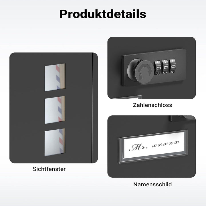 Wiltec Briefkasten schwarz 215x320x90mm Briefkasten mit Zahlenschloss, Namensschild und Sichtfenster