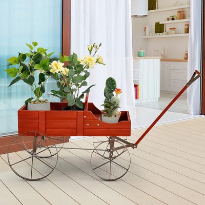 RELAX4LIFE Blumenständer mit 4 Rädern aus Metall, Pflanzwagen aus Massivholz, Holzwagen bis zu 15 kg