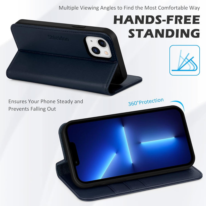 SHIELDON Hülle für iPhone 13, Handyhülle [Rindsleder] [Verdicht TPU] [Kartenfach] [Standfunktion] [M