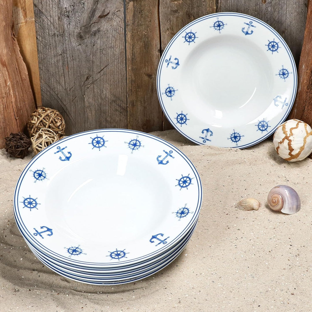 MamboCat 6er Set AHOI Suppenteller I 180ml I blau-weisse Porzellan-Teller mit nautischen Motiven für