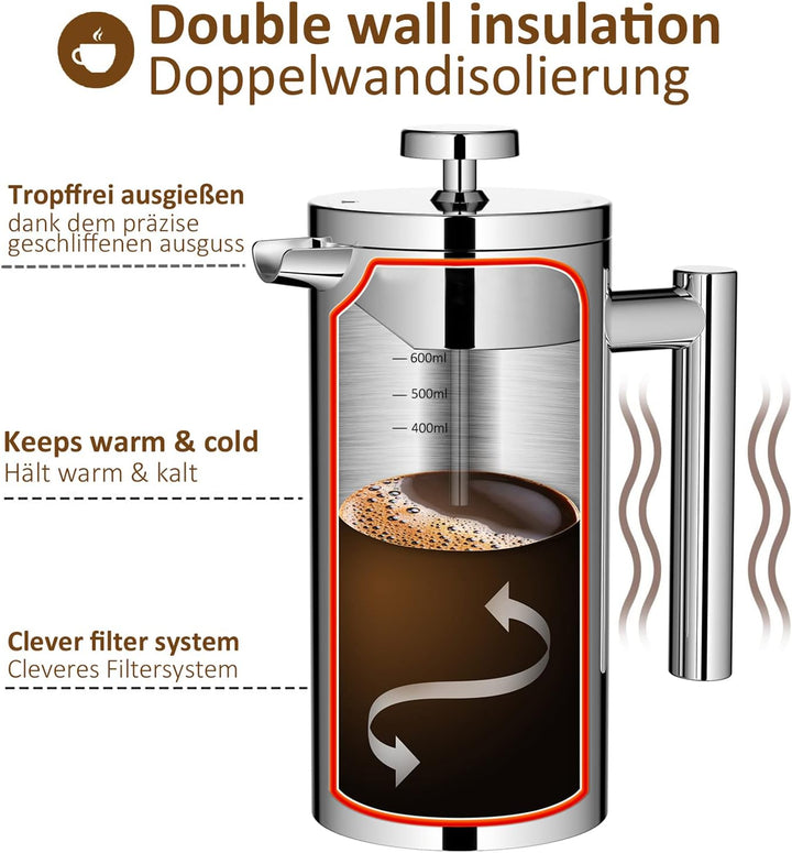 Kaffeebereiter French Press 0,6 Liter, 3 Tassen Doppelwandige Edelstahl Kaffeezubereiter Thermo,600m