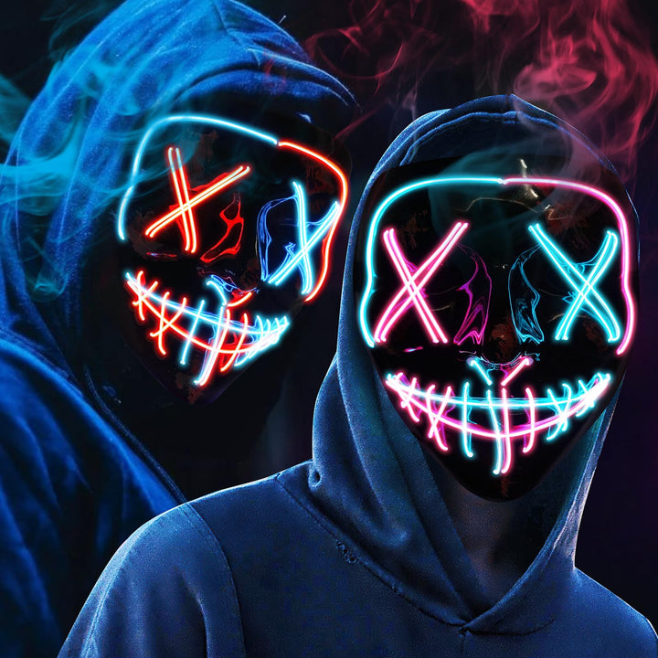 OUILA LED Halloween Maske, 2 Pack Neon Leuchtmaske mit 3 Leuchtmodi für Herren, Damen, Cosplay, Hall