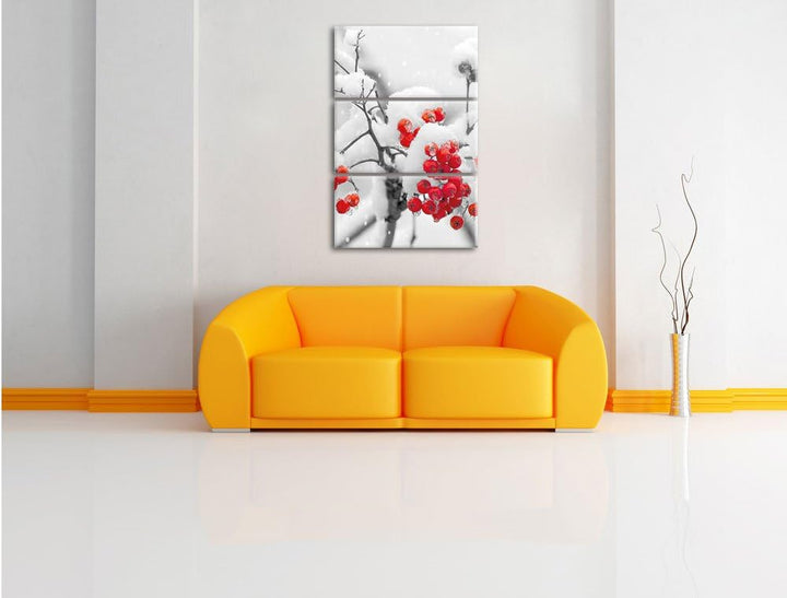 Pixxprint Rote Vogelbeeren im Winter 3-Teiler Leinwandbild 120x80 Bild auf Leinwand