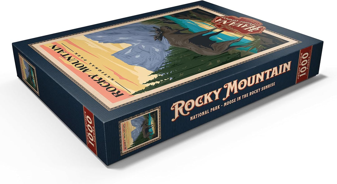 Rocky Mountain National Park - Moose in The Rocky Sunrise, Vintage Travel Poster - Premium 1000 Teil