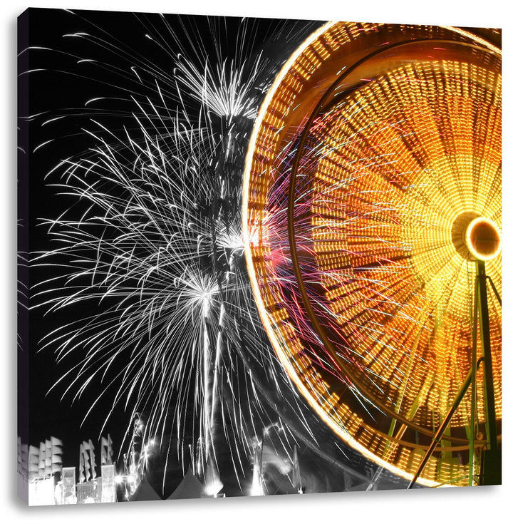 Pixxprint Jahrmarkt mit Feuerwerk / 70x70cm Leinwandbild bespannt auf Holzrahmen/Wandbild Kunstdruck