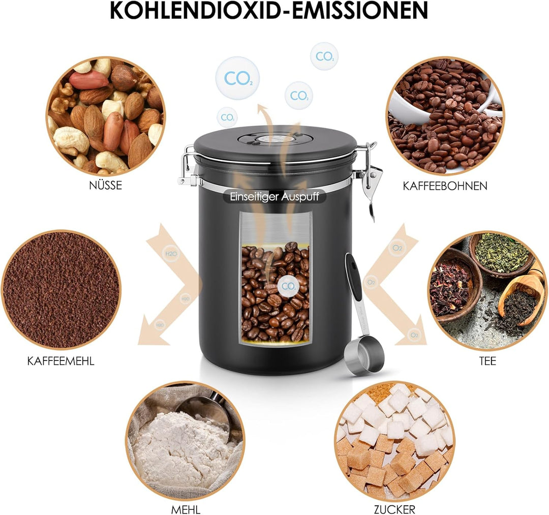 Kaffeedose aus Edelstahl 2,8L, Kaffeedosen Kaffeebehälter aus Edelstahl mit CO₂-Ventil,Kaffeedose Vo