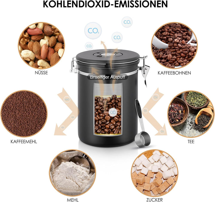 Kaffeedose aus Edelstahl 2,8L, Kaffeedosen Kaffeebehälter aus Edelstahl mit CO₂-Ventil,Kaffeedose Vo