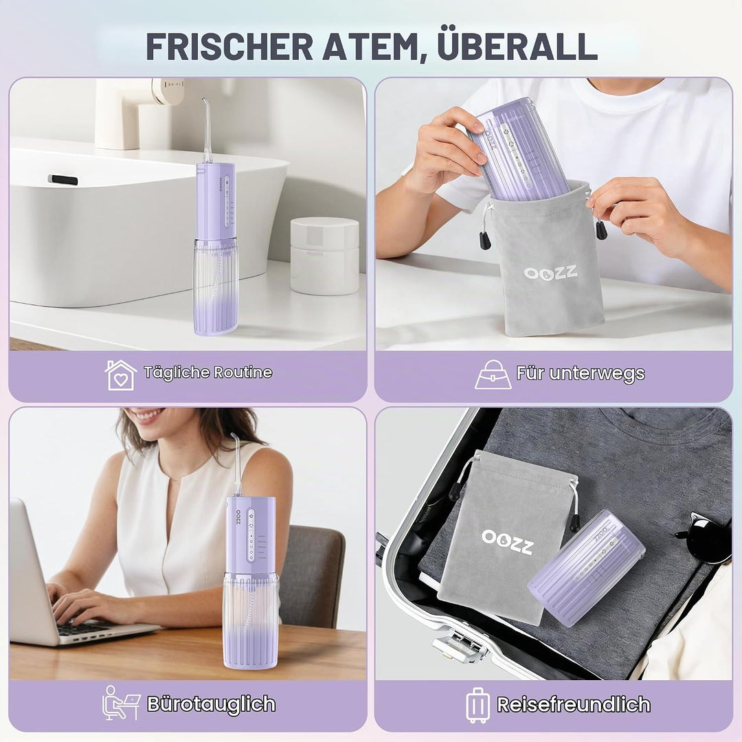 OOZZ Travel Water Flosser, Schnurlose Taschenmunddusche, 5 Druckmodi, 6 Strahlspitzen, USB-wiederauf