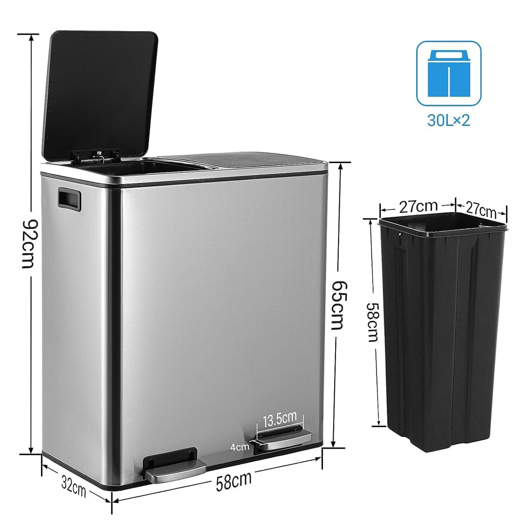 LIFERUN Mülleimer 2 Fächer, Abfalleimer Küche 60L (2x 30 Liter), aus Metall, mit Softclose Deckel, 2
