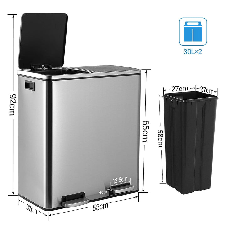 LIFERUN Mülleimer 2 Fächer, Abfalleimer Küche 60L (2x 30 Liter), aus Metall, mit Softclose Deckel, 2