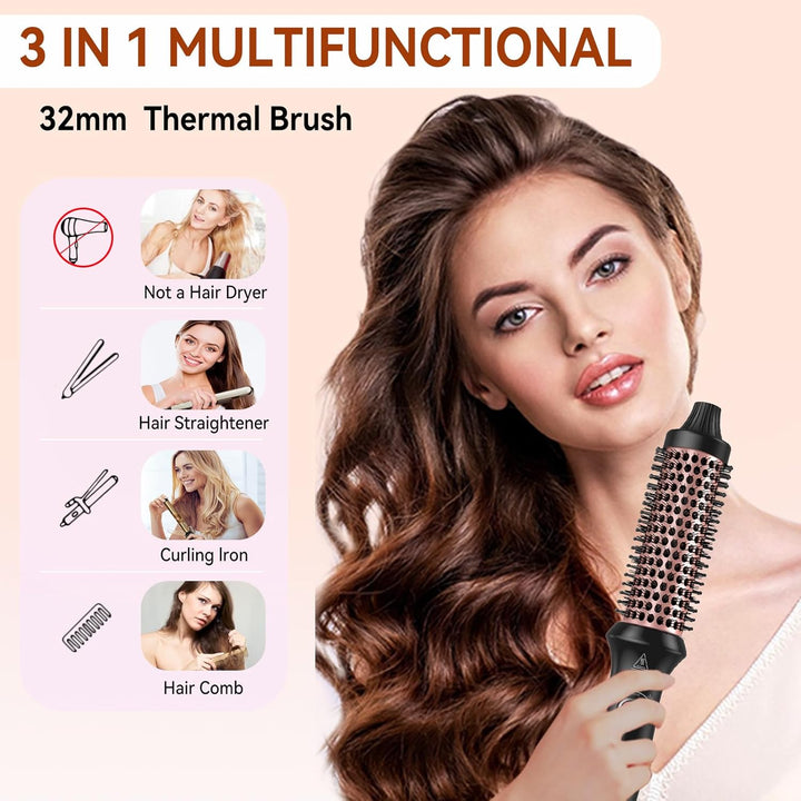 Thermal Brush, Thermobürste Wärmebürste 3 in 1, 32mm Rundbürste Stylingbürsten mit 160-204℃, Kompakt