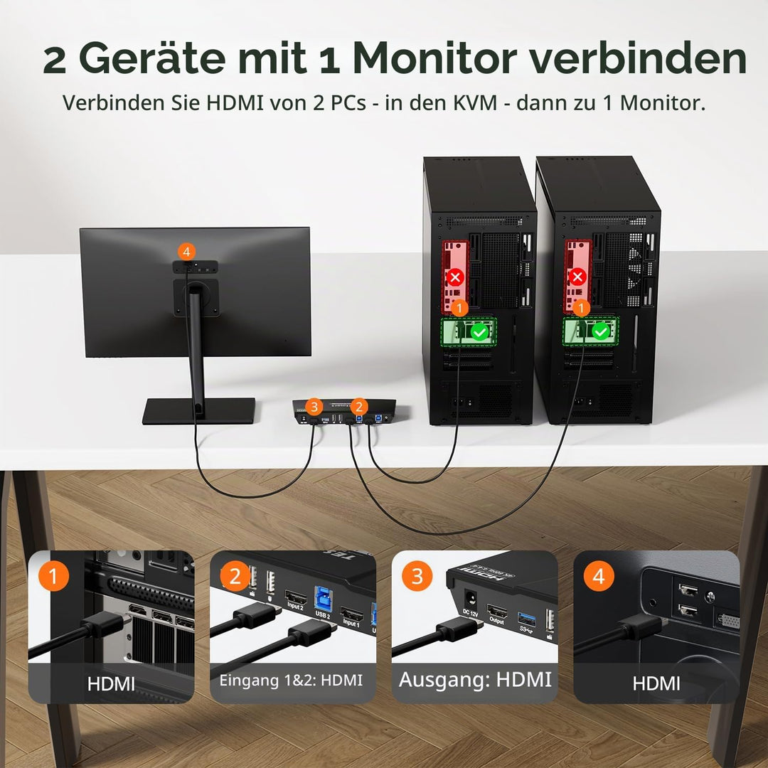 TESmart USB3.0 HDMI KVM Switch, 2 PC 1 Monitore Switch 4K 60Hz mit EDID Emulator, Hotkey, Audio Extr