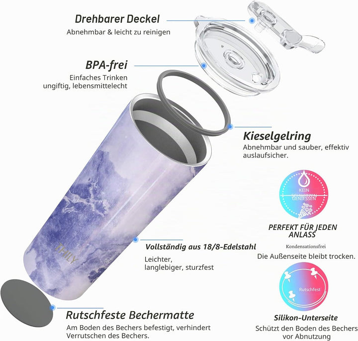 Thily Thermobecher aus Edelstahl, vakuumisoliert, 780ml, Kaffeetasse mit 2 Deckeln und Strohhalmen,