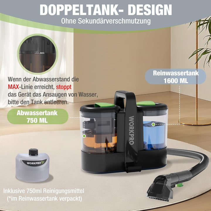 WORKPRO Waschsauger 450W 13kPa, Teppichreiniger 1,6L mit Reinigungsmittel und 2 Bürstenköpfe, Polste