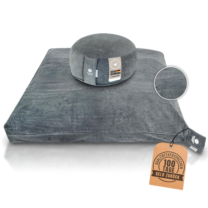 Inner Peace Meditationskissen Set Cord XL | Premium Set, rundes Kissen + Zabuton Matte, waschbar, Ze