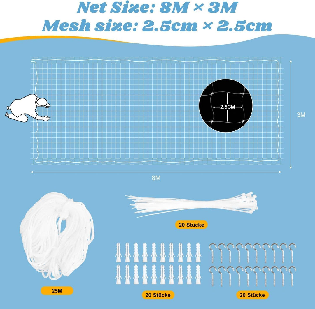 Aystkniet Katzennetz für Balkon Transparent 8 × 3M, 2,5 × 2,5cm Maschengrösse Katzenschutznetz für B