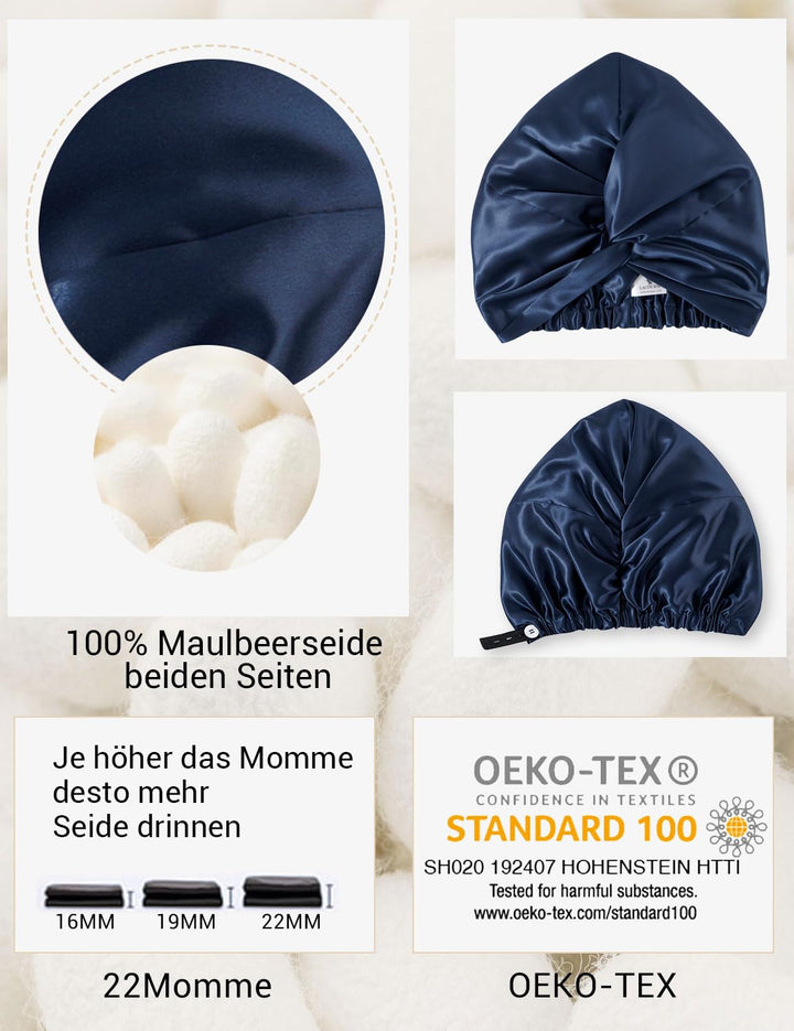 ‌LaCourse Rutschfeste Verstellbare Echte 22 Momme 100% Maulbeerseiden-Seidenhaube zum Schlafen, Dopp