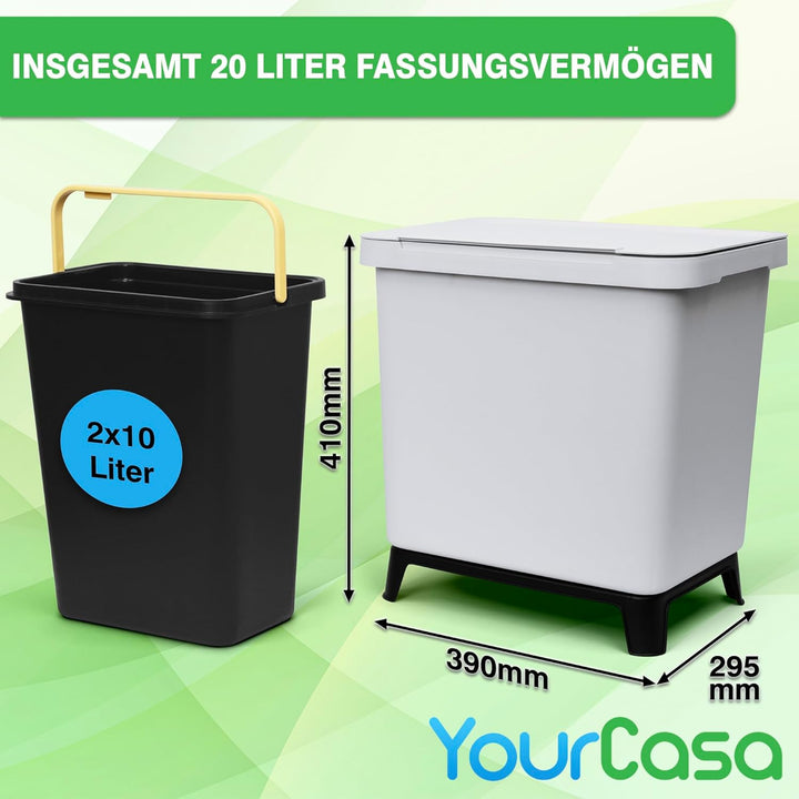 YourCasa® Mülleimer 2 Fächer [20L] im exklusiven Design Mülltrennsystem - Mülleimer Küche mit Deckel