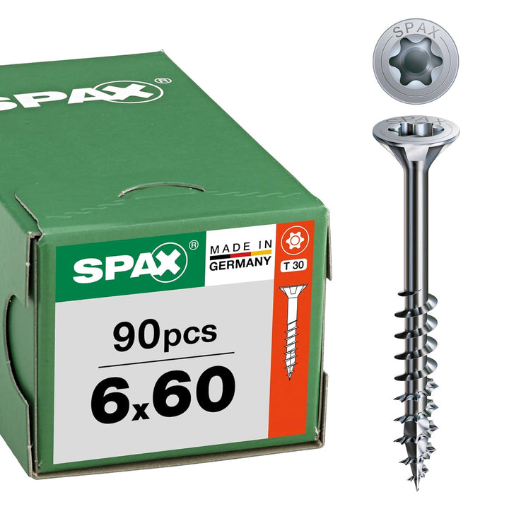 SPAX Universalschraube, 6 x 60 mm, 90 Stück, Teilgewinde, Senkkopf, T-STAR plus T30, 4CUT, WIROX A9J