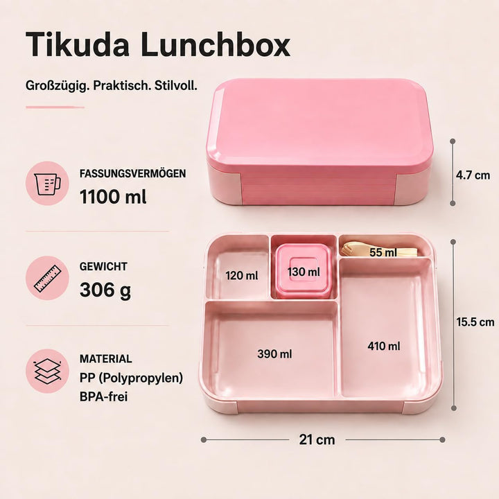 Brotdose Kinder mit Fächern 1100ML Bento Box BPA-Frei mit Löffel Rosa, Rosa