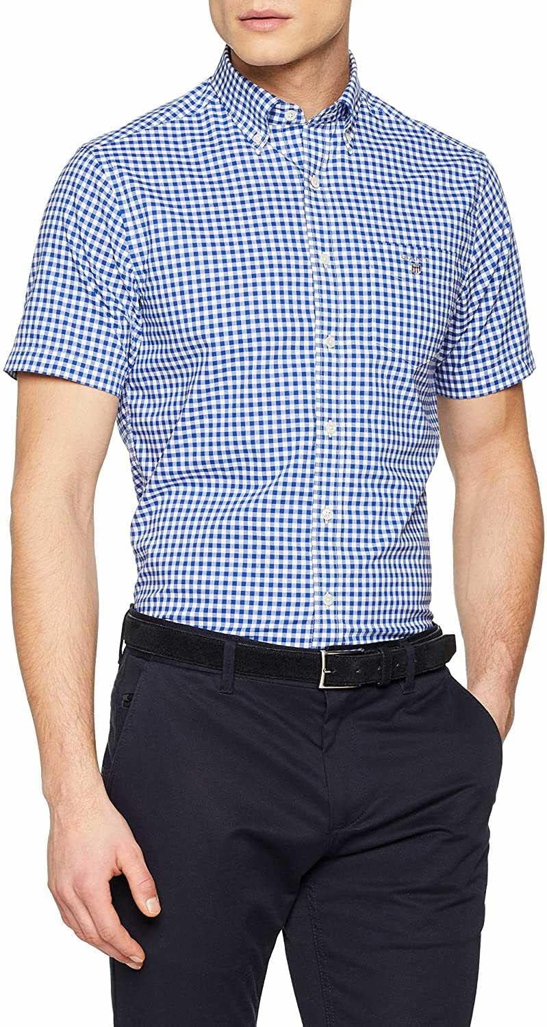 GANT Herren Reg Broadcloth Gingham Ss Bd Hemd, College Blue