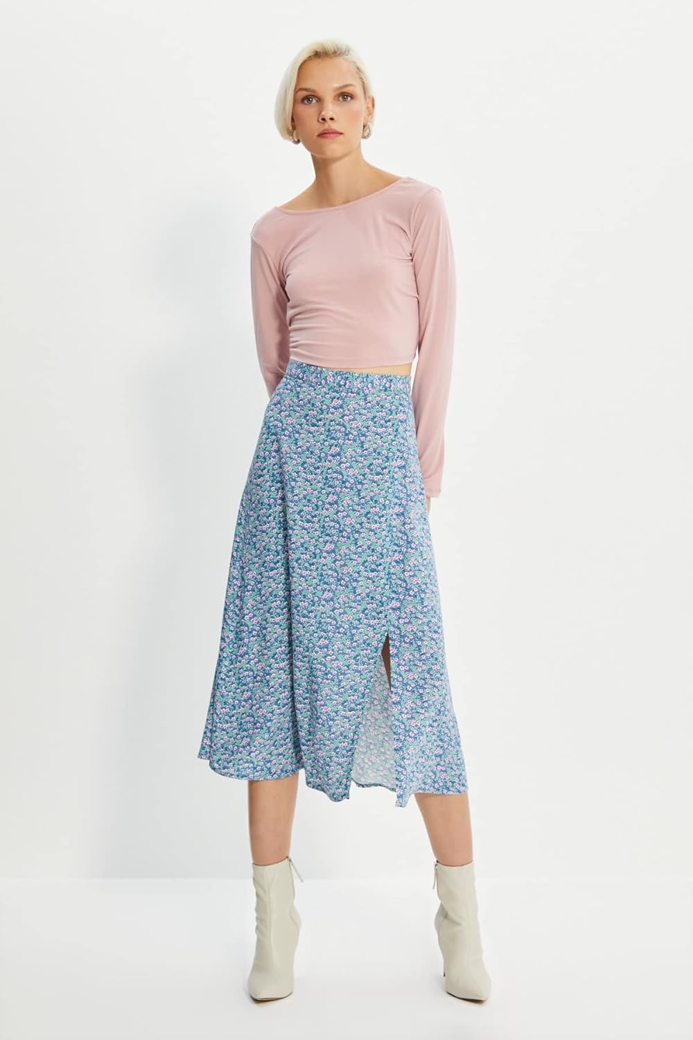 TRENDYOL Frau Midi A-Linie A-Linie Webstoff Rock 38 Blau, 38 Blau