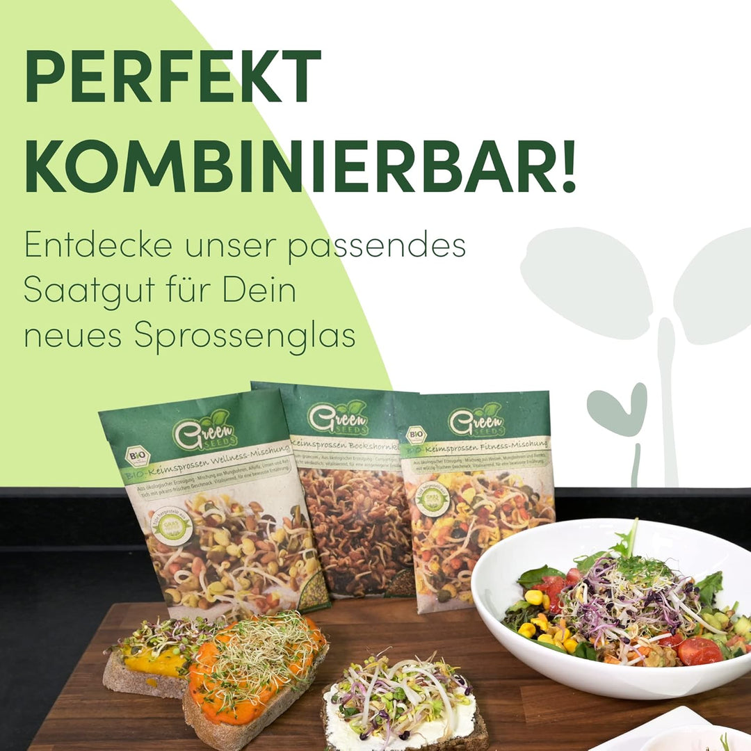 Green SEEDS Sprossenglas Keimglas 1er Set 1000ml mit hochwertigem Edelstahl-Gitterdeckel, Ständer +