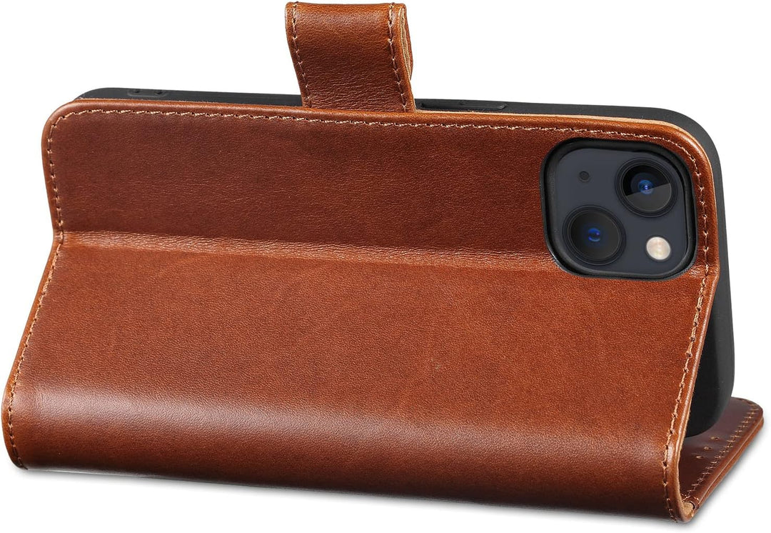 LENSUN Echtleder Hülle für iPhone 13 5G, Handyhülle [Echtes Leder][Magnetverschluss][RFID Schutz] Ha