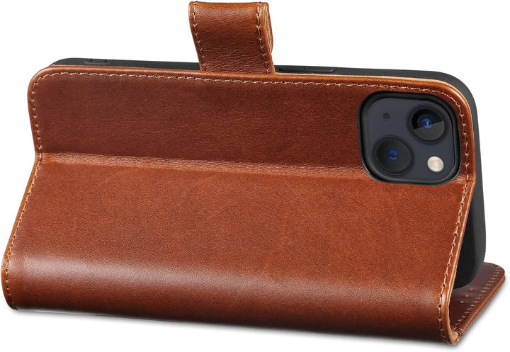 LENSUN Echtleder Hülle für iPhone 13 5G, Handyhülle [Echtes Leder][Magnetverschluss][RFID Schutz] Ha