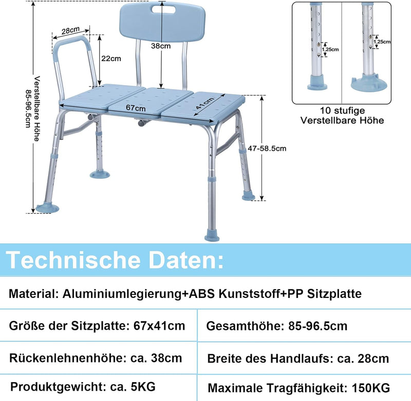 YRHome Verstellbar Badewannensitz Badewannentransferbank Badewannenstuhl Duschstuhl für Badewanne Ba