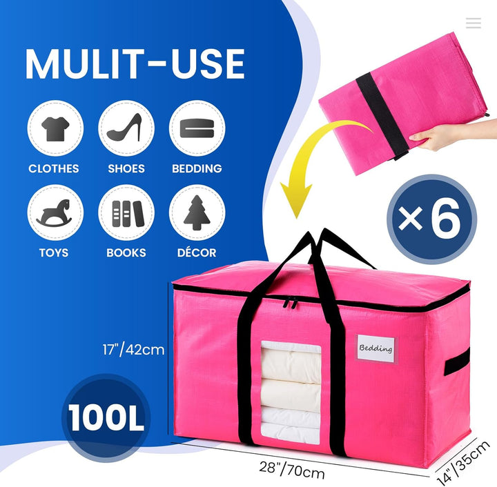 TAILI Umzugstasche extra gross,6 PCS Rosa Aufbewahrungstasche mit Griffe & Deckel Sichtfenster Aufbe