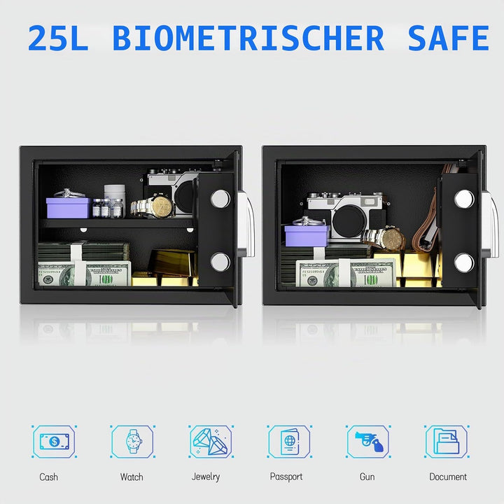 WASJOYE 25L Fingerabdruck Tresor Safe, Zahlenschloss, Biometrischer Möbeltresore, mit 2 Schlüssel, f