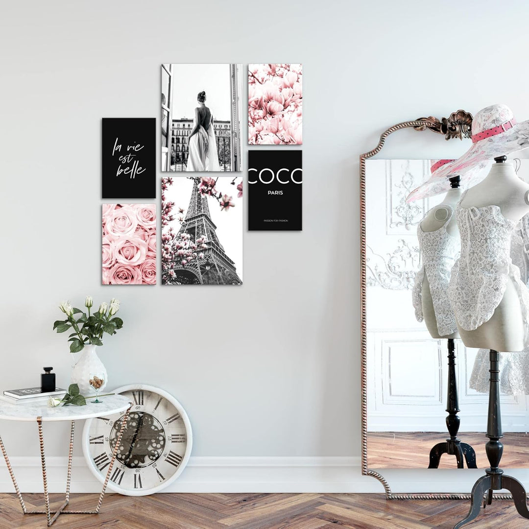 Novart Wandbilder Set Fashion Paris Coco Rosa - KEIN EXTRA RAHMEN BENÖTIGT - Modern Deko - Wohnzimme