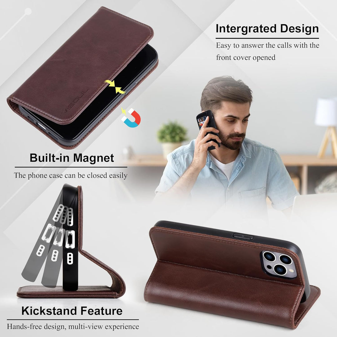 VISOUL Hülle für iPhone 14 Pro Handyhülle [Echtleder] [Schützt][3 Kartenfächer] [Magnet] [Standfunkt