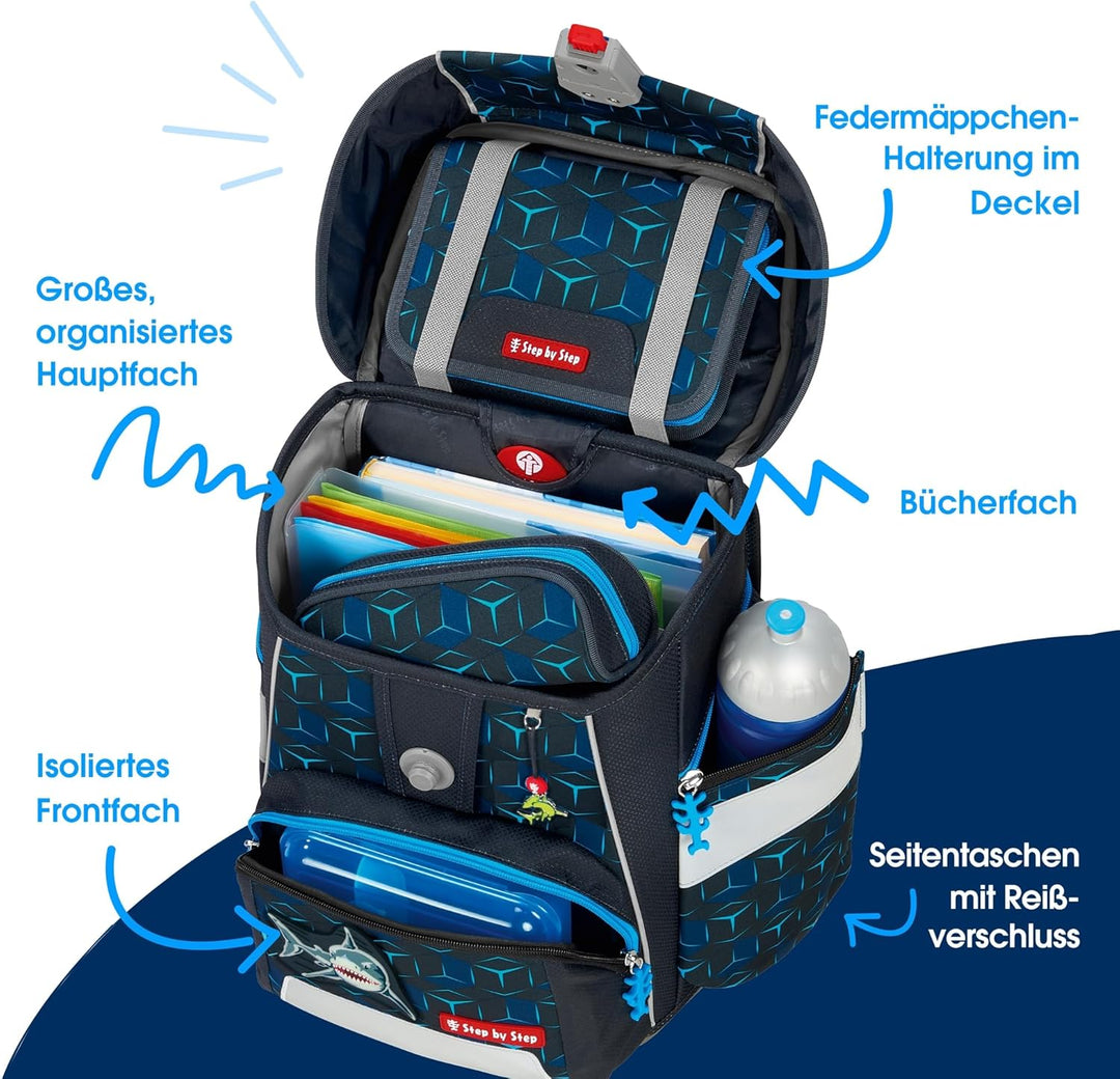 Step by Step Schulranzen-Set Space Shine „Shark Dexter“ 5-teilig, ergonomischer Tornister aus reflek