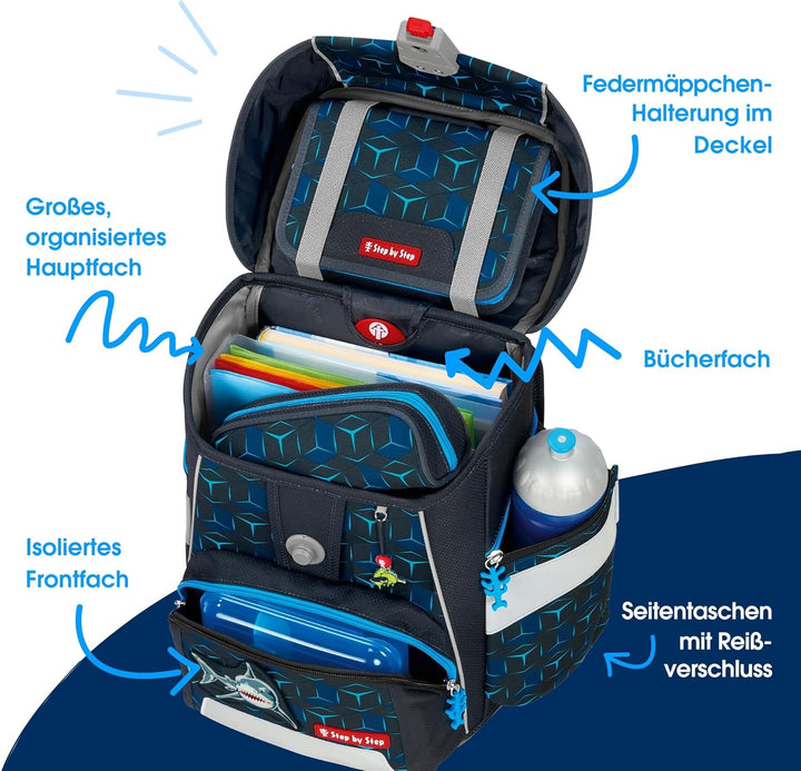 Step by Step Schulranzen-Set Space Shine „Shark Dexter“ 5-teilig, ergonomischer Tornister aus reflek