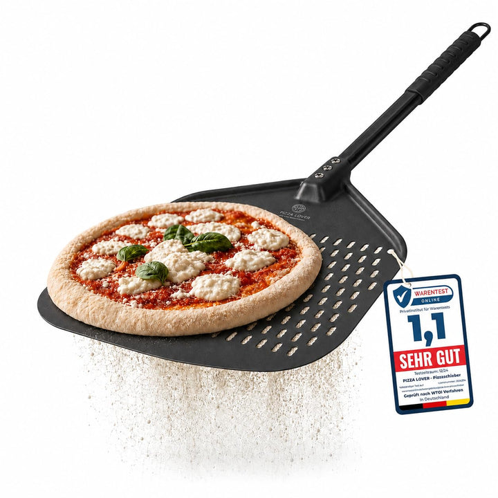 Pizza Lover® hochwertiger Pizzaschieber perforiert 30 x 30 cm Pizzaschaufel aus harteloxiertem Alumi