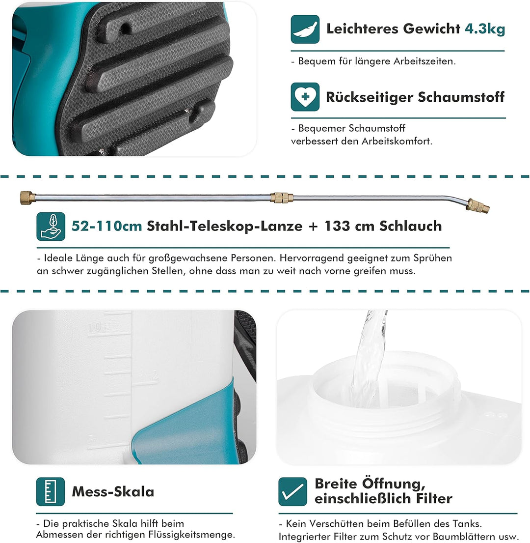 EVIKA Akku Drucksprüher 16 Liter inkl. Li-Ion Batterie und Ladegerät, für Garten/Weingut/Rasen, Rück